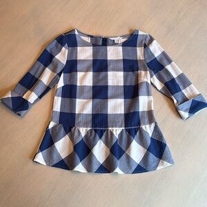 Southern Tide Women’s Blue White‎ Gingham Peplum 3/4 Cuffed Sleeve Top Size 2